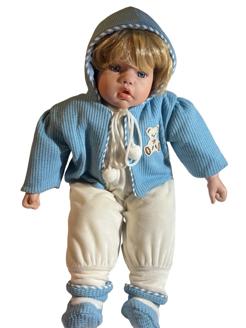 20" VTG Soft Body Blue Eye Baby Doll Blonde Hair Original Blue Teddy Bear outfit